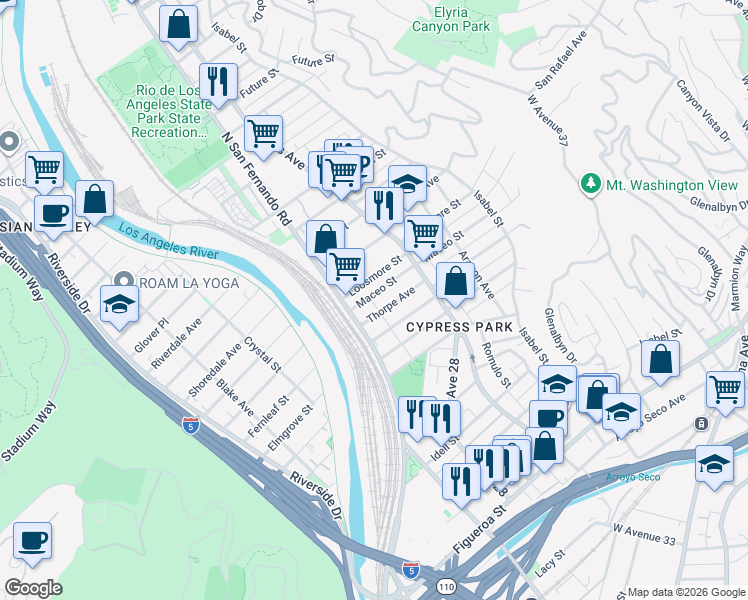 map of restaurants, bars, coffee shops, grocery stores, and more near 2630 Maceo Street in Los Angeles