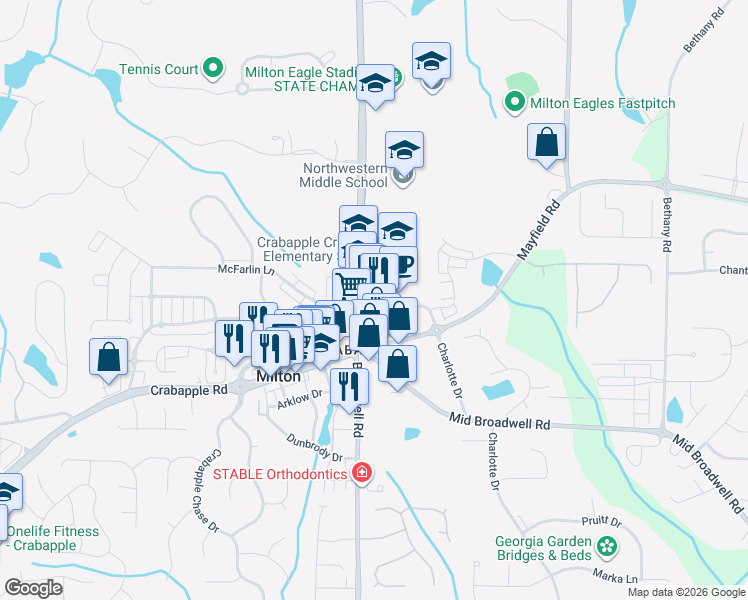map of restaurants, bars, coffee shops, grocery stores, and more near 12655 Birmingham Highway in Alpharetta