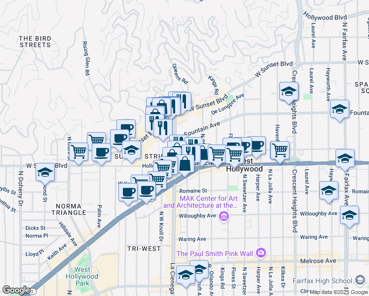 map of restaurants, bars, coffee shops, grocery stores, and more near 1141 Hacienda Place in West Hollywood
