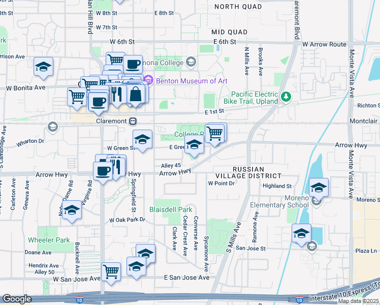 map of restaurants, bars, coffee shops, grocery stores, and more near 204 East Green Street in Claremont