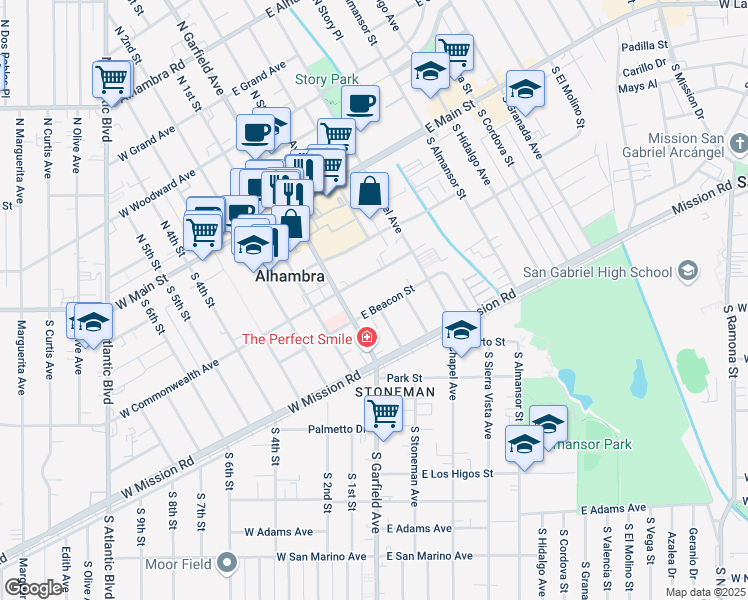 map of restaurants, bars, coffee shops, grocery stores, and more near 21 East Beacon Street in Alhambra