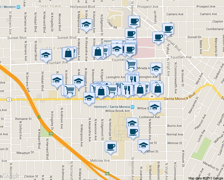 map of restaurants, bars, coffee shops, grocery stores, and more near 1138 North Heliotrope Drive in Los Angeles