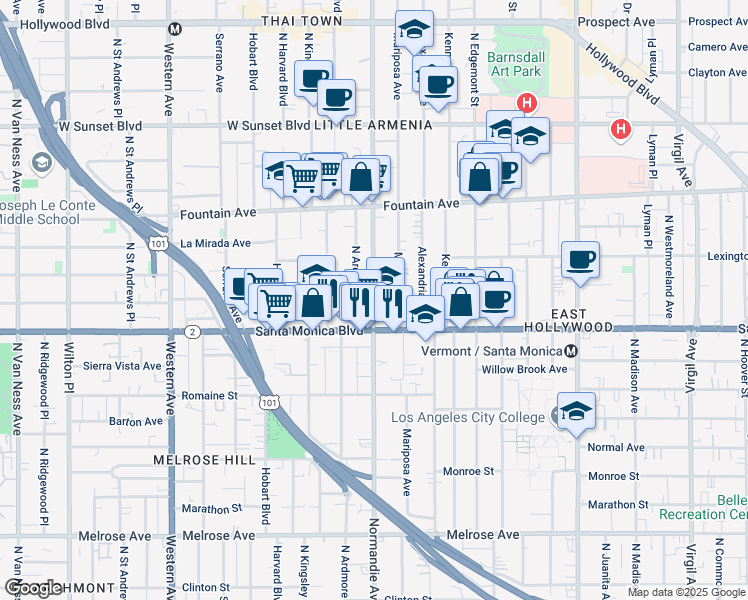 map of restaurants, bars, coffee shops, grocery stores, and more near 1137 North Normandie Avenue in Los Angeles