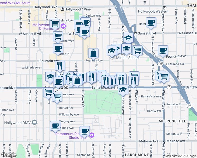 map of restaurants, bars, coffee shops, grocery stores, and more near 1144 Gordon Street in Los Angeles