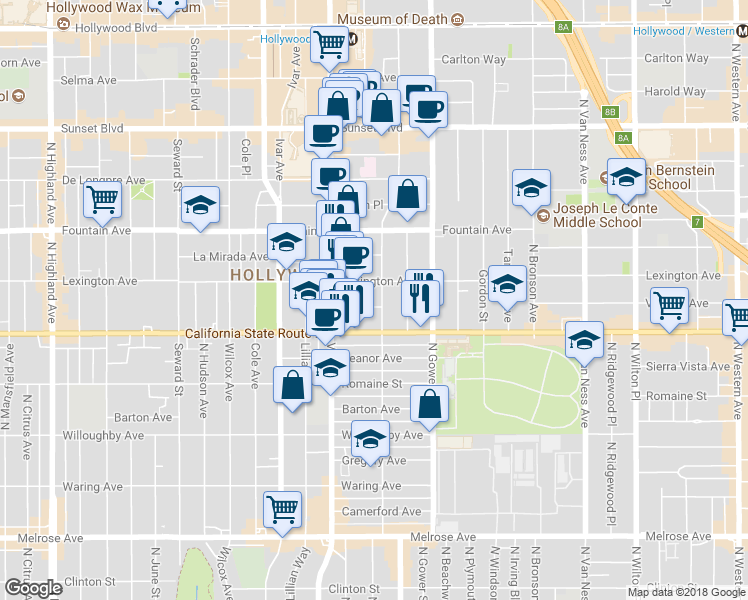 map of restaurants, bars, coffee shops, grocery stores, and more near 1138 North El Centro Avenue in Los Angeles