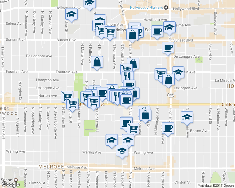 map of restaurants, bars, coffee shops, grocery stores, and more near 1139 North Detroit Street in West Hollywood