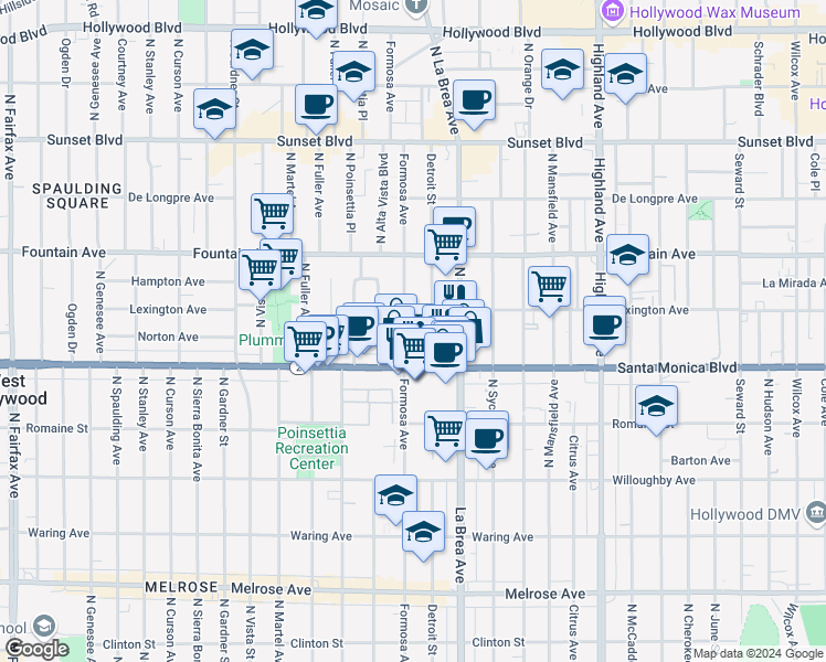 map of restaurants, bars, coffee shops, grocery stores, and more near 1140 North Formosa Avenue in West Hollywood