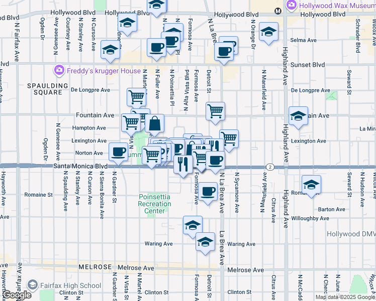 map of restaurants, bars, coffee shops, grocery stores, and more near 1142 North Poinsettia Place in West Hollywood