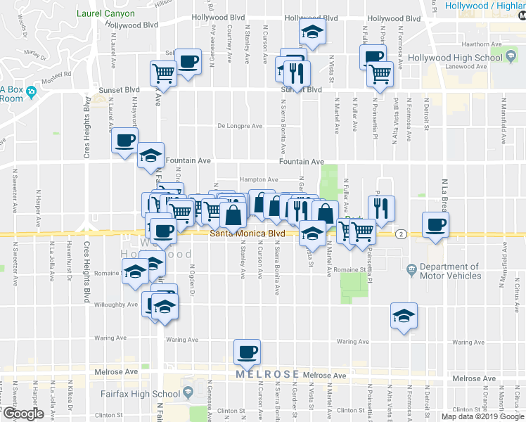 map of restaurants, bars, coffee shops, grocery stores, and more near 7551 Norton Avenue in West Hollywood