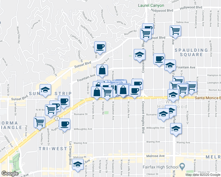 map of restaurants, bars, coffee shops, grocery stores, and more near 1210 North Flores Street in West Hollywood