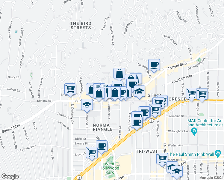 map of restaurants, bars, coffee shops, grocery stores, and more near 1136 Larrabee Street in West Hollywood