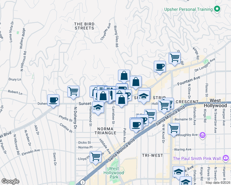map of restaurants, bars, coffee shops, grocery stores, and more near 1136 Larrabee Street in West Hollywood