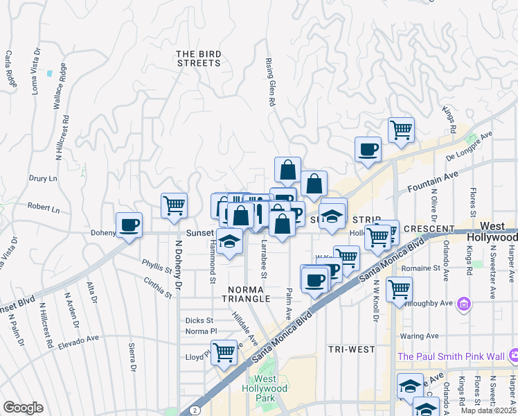 map of restaurants, bars, coffee shops, grocery stores, and more near 1136 Larrabee Street in West Hollywood