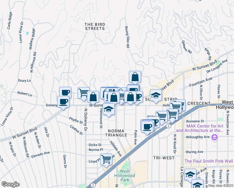map of restaurants, bars, coffee shops, grocery stores, and more near 1147 North Clark Street in West Hollywood