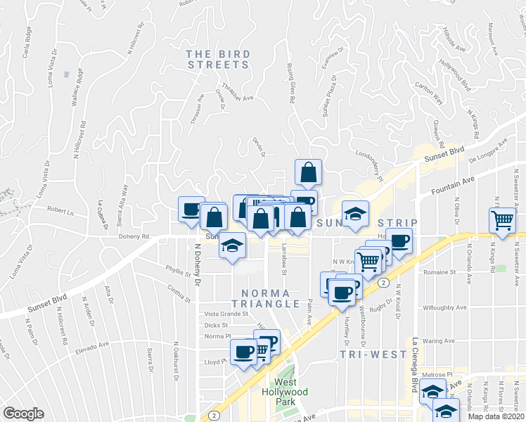 map of restaurants, bars, coffee shops, grocery stores, and more near 1147 North Clark Street in West Hollywood