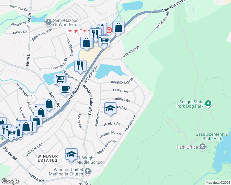 map of restaurants, bars, coffee shops, grocery stores, and more near 2904 Saint Ives Road in Columbia