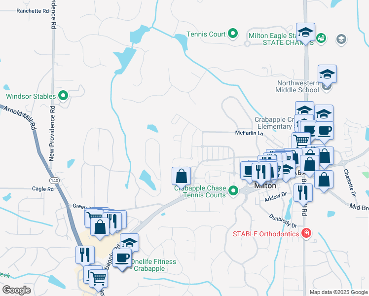 map of restaurants, bars, coffee shops, grocery stores, and more near 2145 Sauls Place in Milton