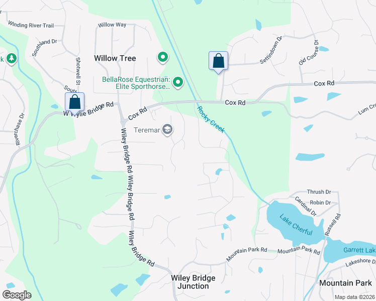 map of restaurants, bars, coffee shops, grocery stores, and more near 307 Moss Court in Woodstock