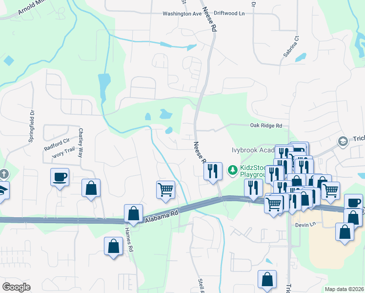 map of restaurants, bars, coffee shops, grocery stores, and more near 107 Brentwood Lane in Woodstock