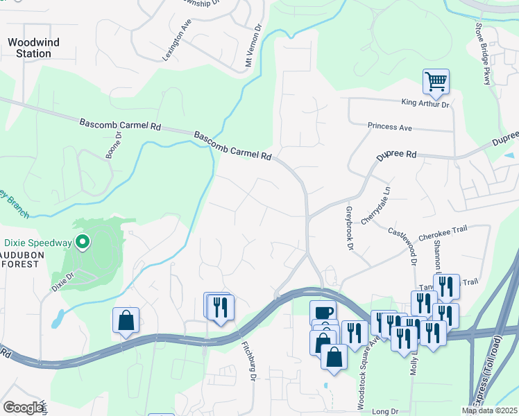 map of restaurants, bars, coffee shops, grocery stores, and more near 202 Bascomb Lane in Woodstock