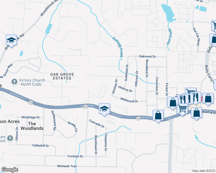 map of restaurants, bars, coffee shops, grocery stores, and more near 158 Bryon Lane in Acworth