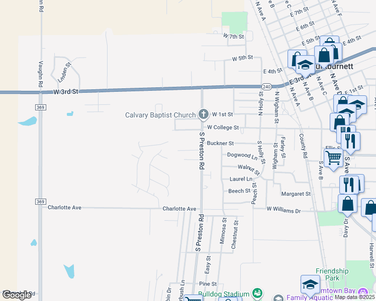 map of restaurants, bars, coffee shops, grocery stores, and more near 201 South Preston Road in Burkburnett