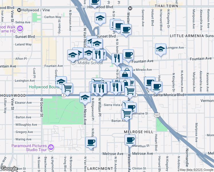 map of restaurants, bars, coffee shops, grocery stores, and more near 5645 Virginia Avenue in Los Angeles