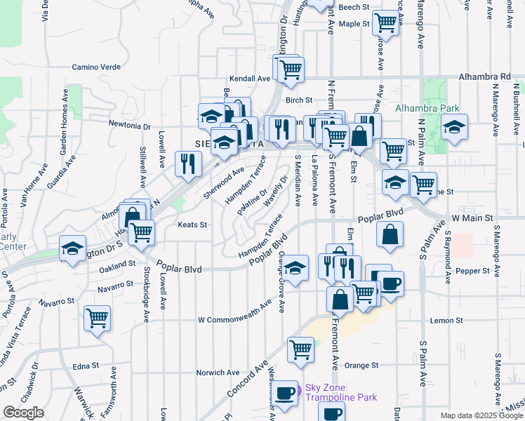 map of restaurants, bars, coffee shops, grocery stores, and more near 168 Waverly Drive in Alhambra