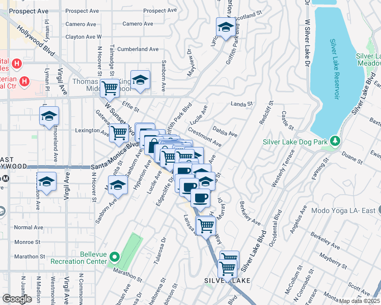 map of restaurants, bars, coffee shops, grocery stores, and more near 1638 Edgecliffe Drive in Los Angeles