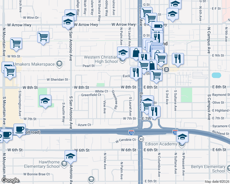 map of restaurants, bars, coffee shops, grocery stores, and more near 228 Greentree Road in Upland