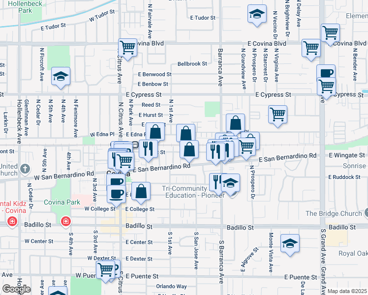 map of restaurants, bars, coffee shops, grocery stores, and more near 321 East Front Street in Covina