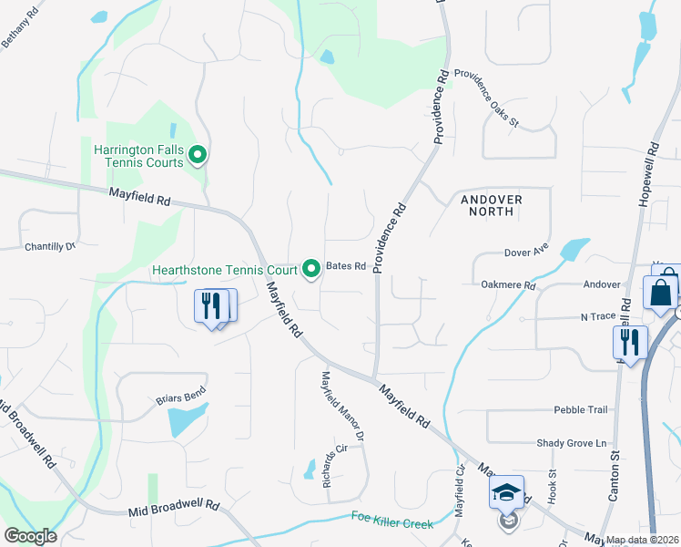 map of restaurants, bars, coffee shops, grocery stores, and more near 1745 Bates Road in Alpharetta