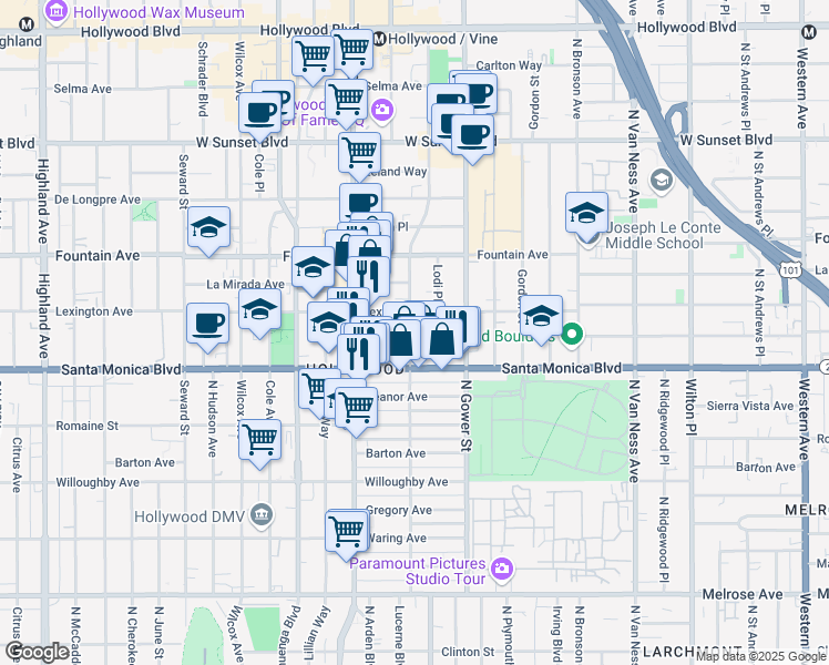 map of restaurants, bars, coffee shops, grocery stores, and more near 1138 North El Centro Avenue in Los Angeles
