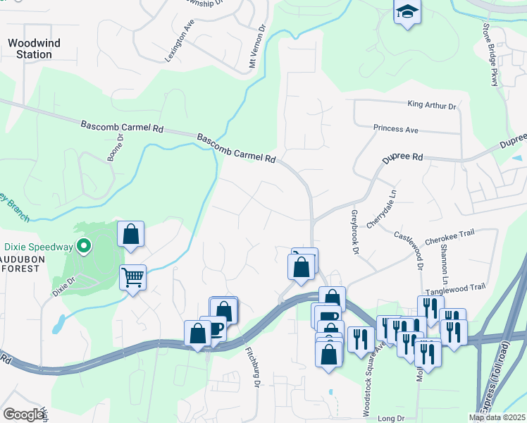 map of restaurants, bars, coffee shops, grocery stores, and more near 202 Bascomb Lane in Woodstock