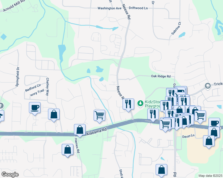 map of restaurants, bars, coffee shops, grocery stores, and more near 107 Brentwood Lane in Woodstock