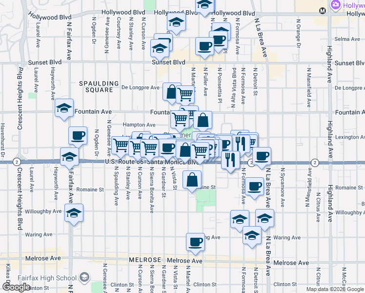map of restaurants, bars, coffee shops, grocery stores, and more near 1132 North Vista Street in West Hollywood