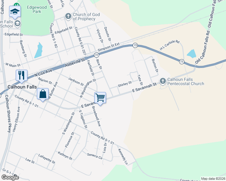 map of restaurants, bars, coffee shops, grocery stores, and more near 325 Slator Avenue in Calhoun Falls