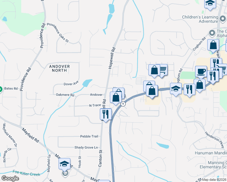 map of restaurants, bars, coffee shops, grocery stores, and more near 201 Vaughan Drive in Alpharetta