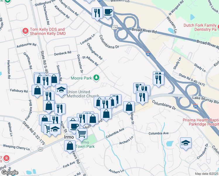 map of restaurants, bars, coffee shops, grocery stores, and more near 7518 Eastview Drive in Irmo