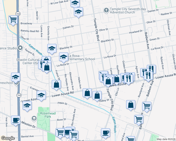 map of restaurants, bars, coffee shops, grocery stores, and more near 4942 Cloverly Avenue in Temple City