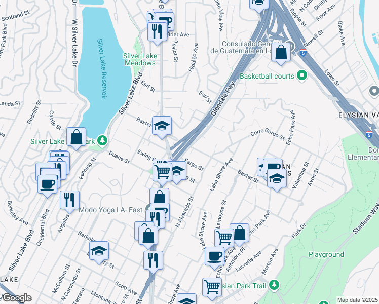 map of restaurants, bars, coffee shops, grocery stores, and more near 2022 Allesandro Street in Los Angeles
