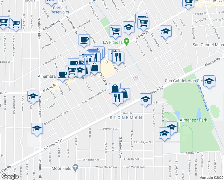 map of restaurants, bars, coffee shops, grocery stores, and more near 320 South Garfield Avenue in Alhambra