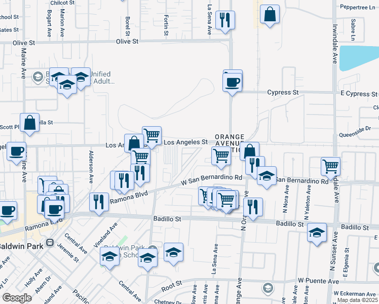 map of restaurants, bars, coffee shops, grocery stores, and more near 2131 West San Bernardino Road in West Covina