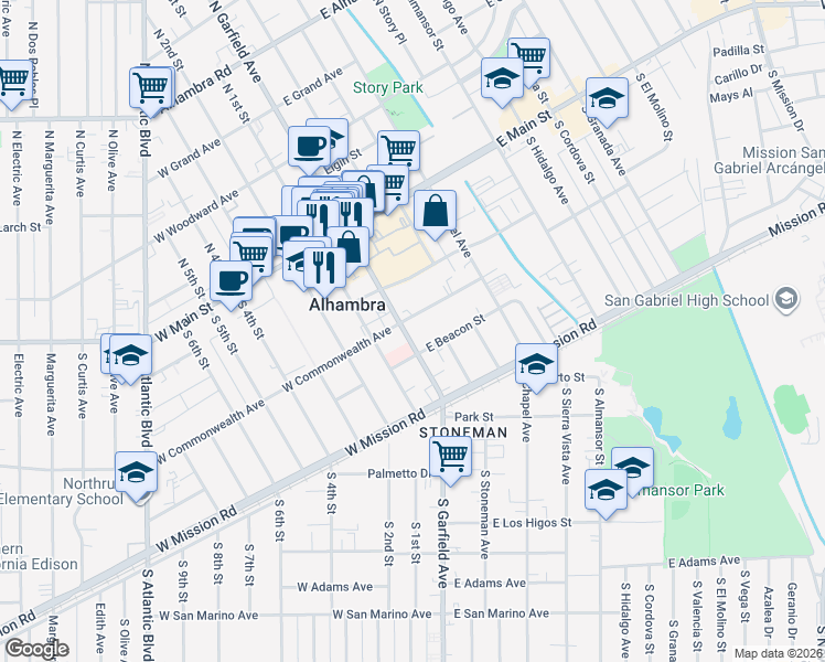 map of restaurants, bars, coffee shops, grocery stores, and more near 320 South Garfield Avenue in Alhambra
