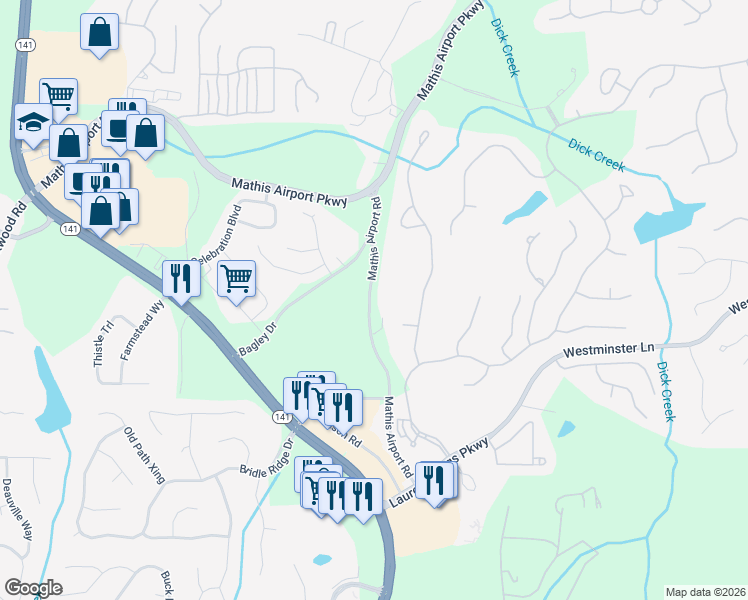 map of restaurants, bars, coffee shops, grocery stores, and more near 849 Mathis Airport Road in Suwanee
