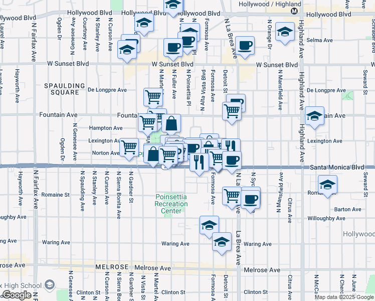 map of restaurants, bars, coffee shops, grocery stores, and more near 1139 Poinsettia Drive in West Hollywood