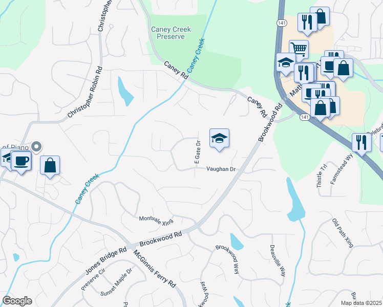 map of restaurants, bars, coffee shops, grocery stores, and more near 3020 Vaughan Drive in Cumming