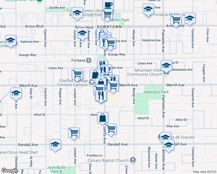 map of restaurants, bars, coffee shops, grocery stores, and more near 8921 Sierra Avenue in Fontana