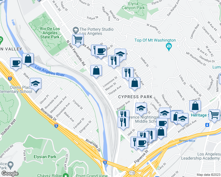map of restaurants, bars, coffee shops, grocery stores, and more near 2630 Maceo Street in Los Angeles