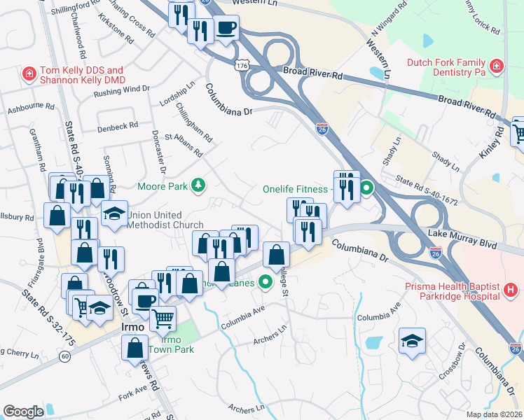 map of restaurants, bars, coffee shops, grocery stores, and more near 40 Saint Albans Road in Irmo